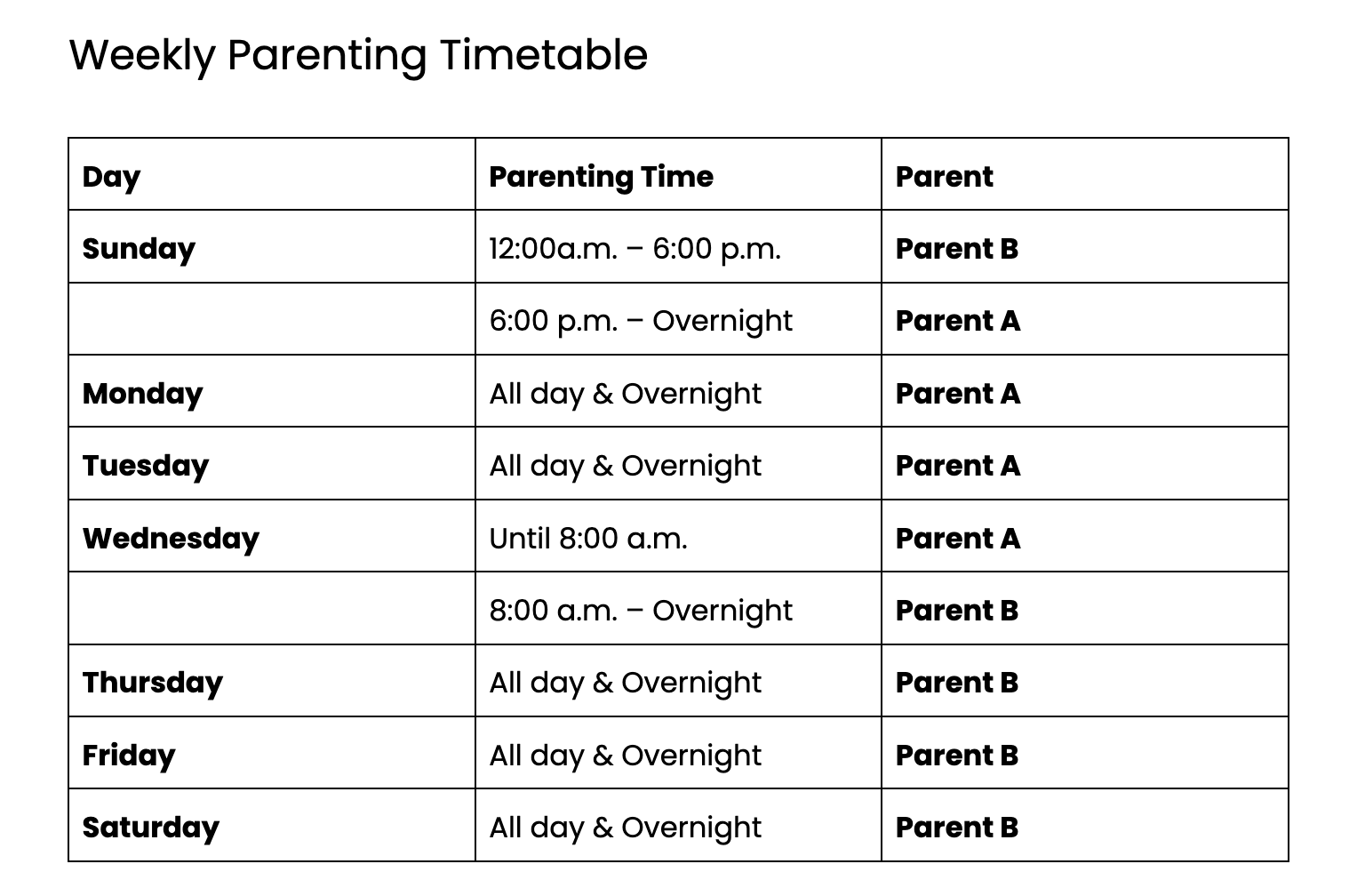 60/40 custody schedule timetable